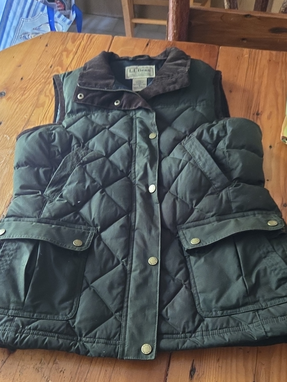 L.L. Bean Quilted Dark Green Women's Vest with Corduroy Collar Down Sz M